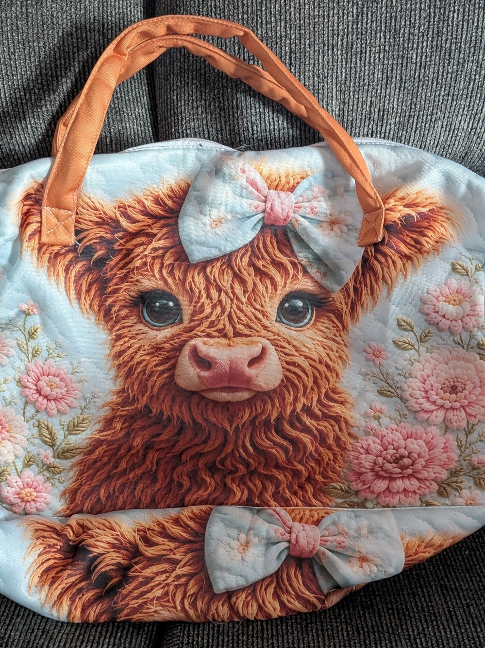 Cute  Calf Duffle Gym Bag with Orange Handles - Adorable Highland Calf Design